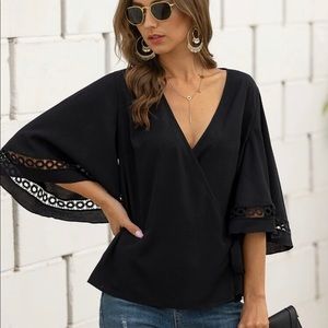 Wrap Sleeve Cutout Black Shirt